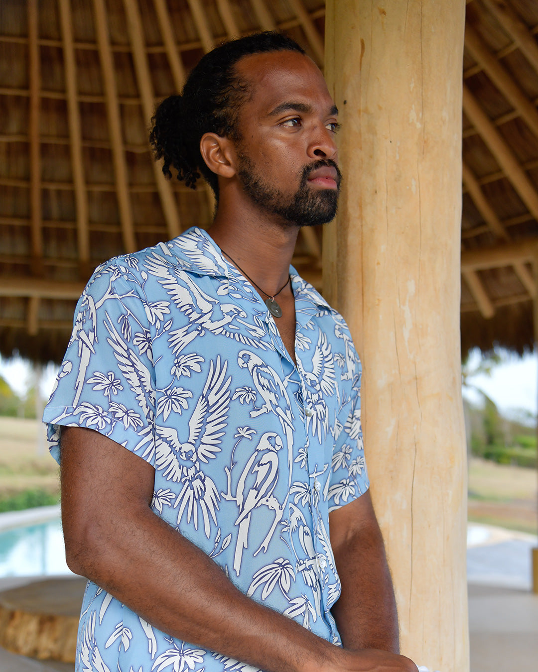 Men's Parrot Blue silk Festival Shirt at Frenchman's Field Villa Mustique