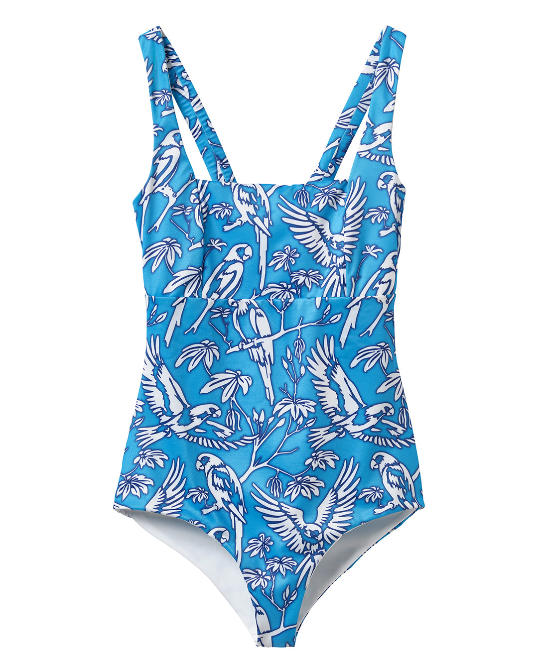 One-piece square-neck swimsuit in blue Vincy parrot print – sustainable Italian swim fabric by Lotty B for Pink House Mustique