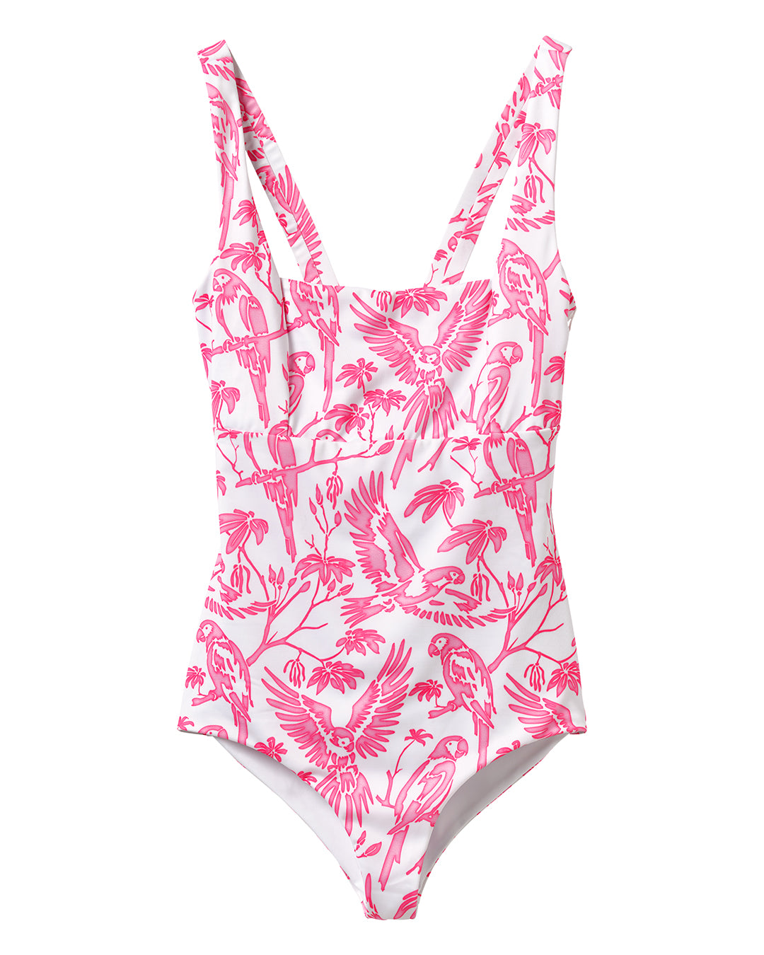 Women's one-piece square-neck swimsuit in pink Vincy parrot print – made with eco-performance fabric by Lotty B for Pink House Mustique