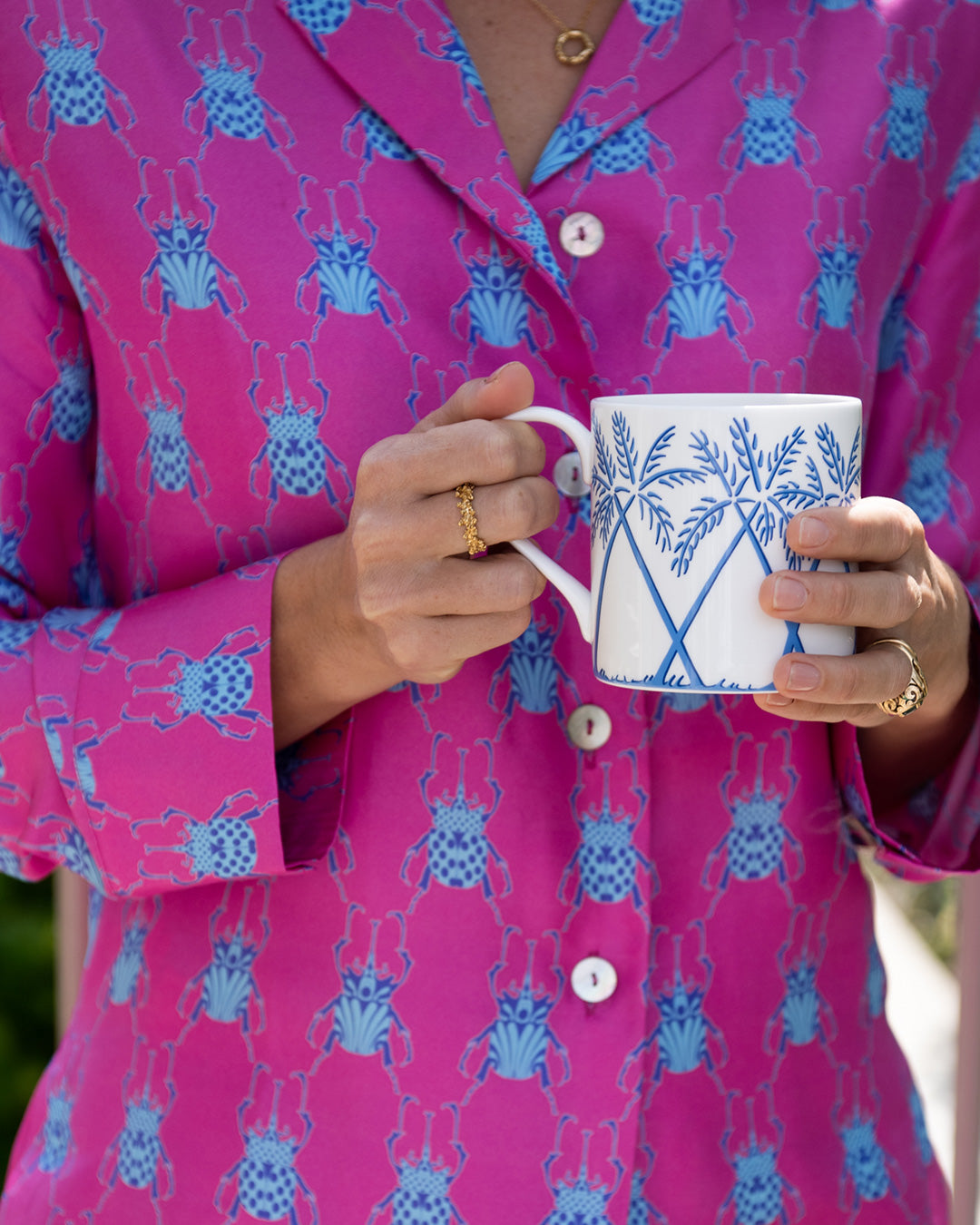 ine bone porcelain china mug in Palms Azure Blue by Lotty B Mustique – luxury island tableware styled with silk beetle print pyjama