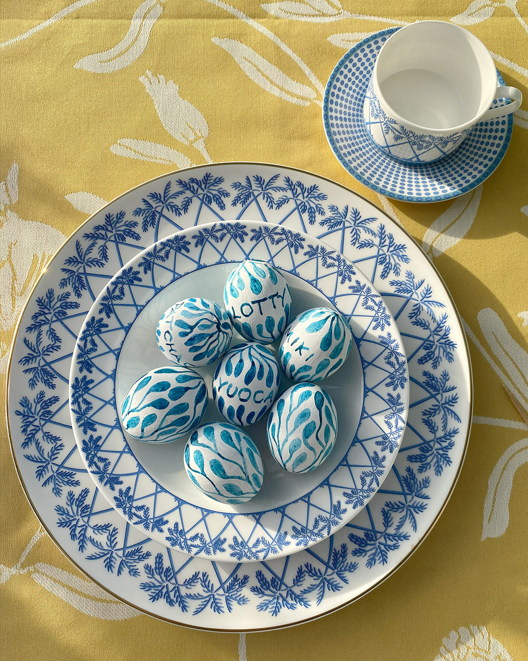 Luxury island-inspired fine bone china charger plate Palms Azure blue with gold rim, Easter dining table setting Mustique