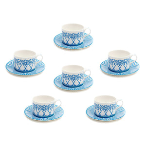 Fine bone china coffee cup and saucer set for 6 place settings (12 pieces) in Palms blue design by Lotty B