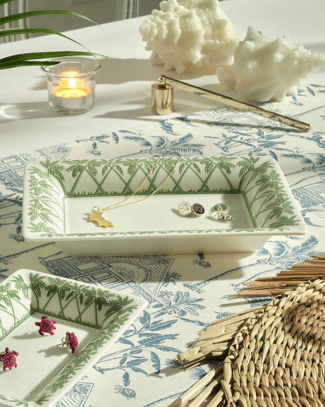 Fine bone china trinket tray set in Palms Sage Green — elegant island-inspired design for jewellery or bathroom essentials.