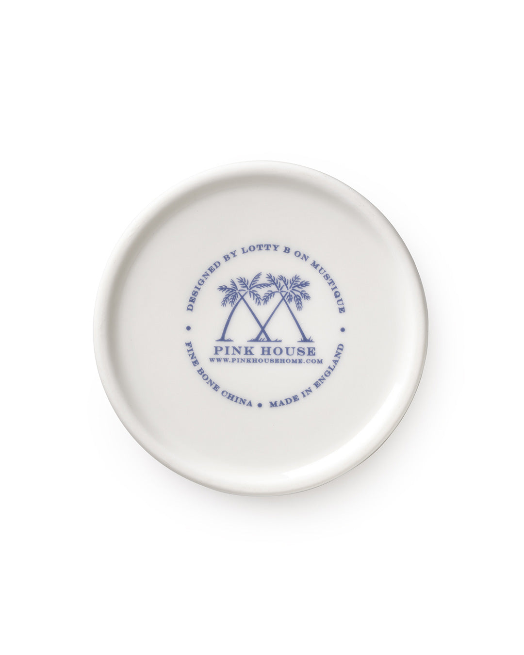 Pink House Mustique fine bone china backstamp – designed by Lotty B, made in England, luxury bespoke porcelain tableware branding