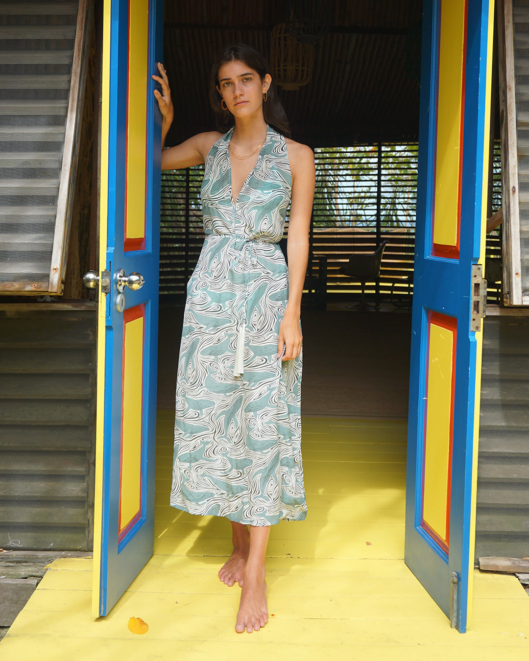 Jemima Whale Monochrome silk halterneck dress with tasselled waist tie in Mustique