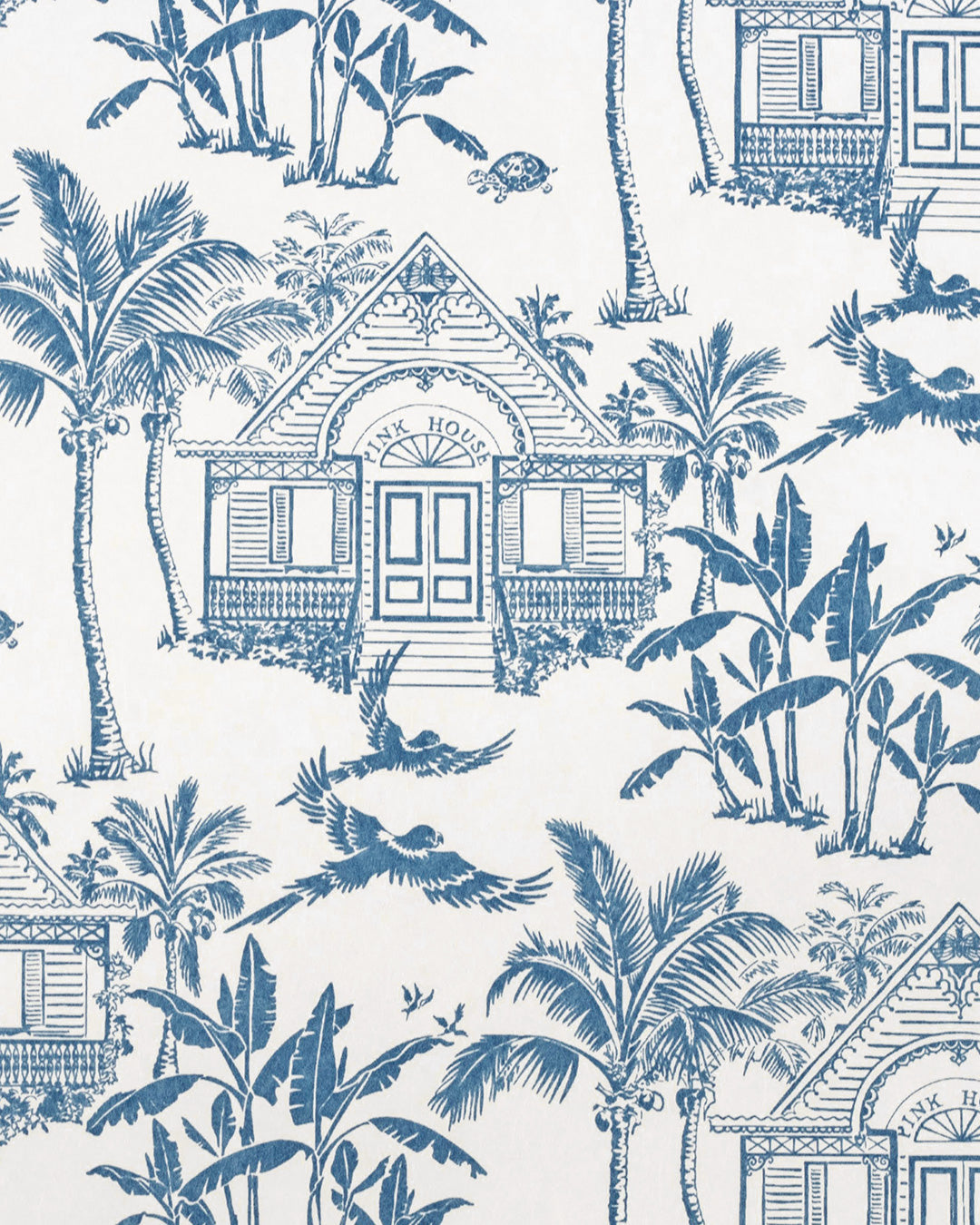 Pink House Toile wallpaper in Semley Blue with Caribbean houses, palms, parrots and turtles