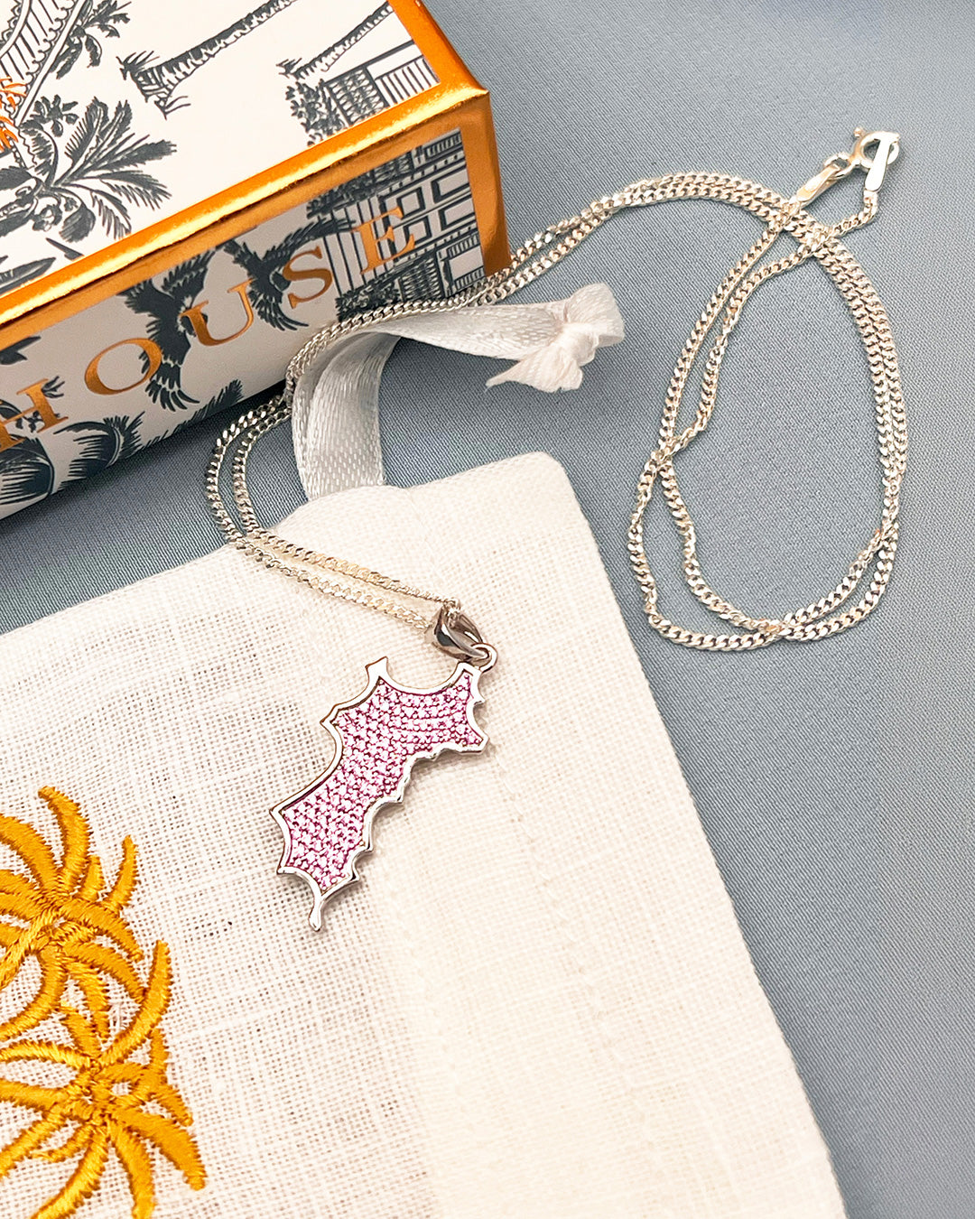 Sterling silver Mustique island pendant with pink zirconia crystals necklace and gift box Made in England