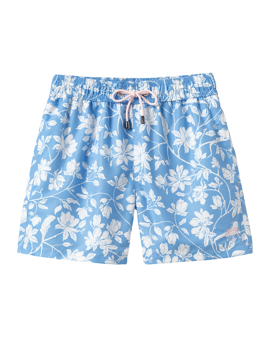 Men's Iguana Magnolia print swim shorts in blue | Sustainable recycled fabric | Pink House Mustique resortwear