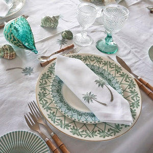 Elegant fine bone china table place setting in Mustique Island green design by Lotty B