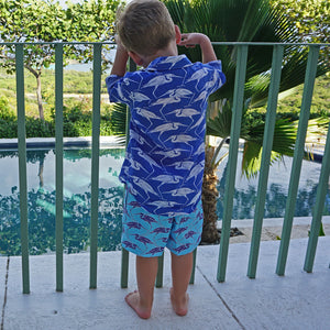 Boys pool holiday styles in sustainable turquoise blue swim shorts with Egret bird print