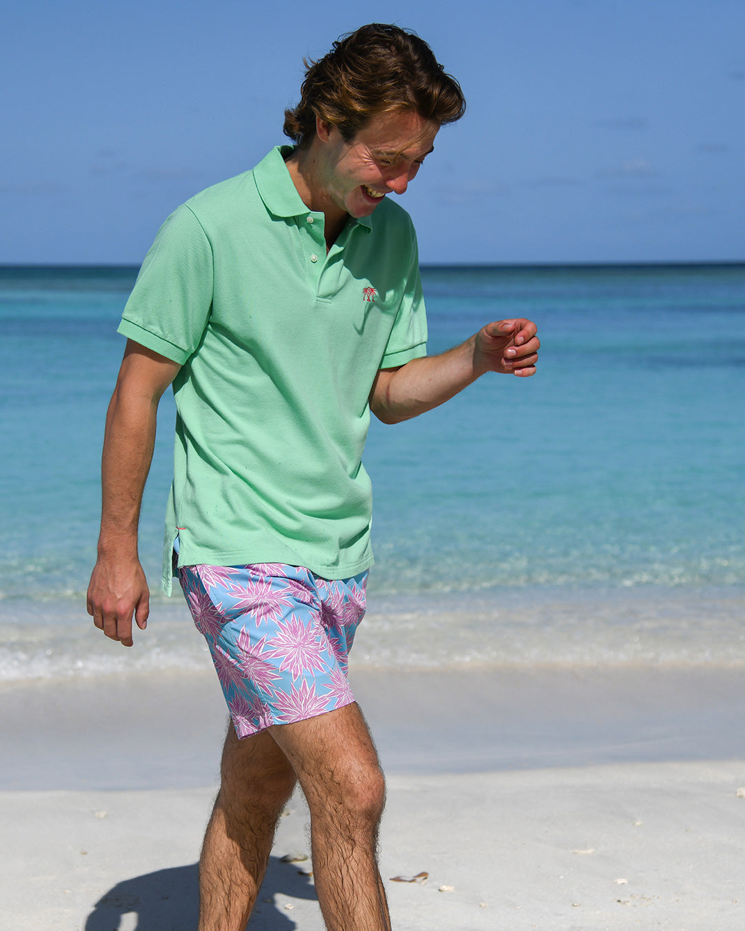 Agave turquoise pink fast-drying recycled swim shorts for men, Pink House Mustique island resortwear.