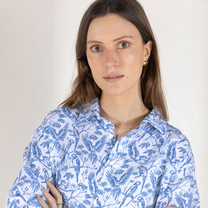 Pretty blue parrot print women's linen shirt cover up by designer Lotty B