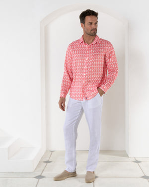 Men's resort holiday shirt in pink Striped Shell linen designer Lotty B Mustique