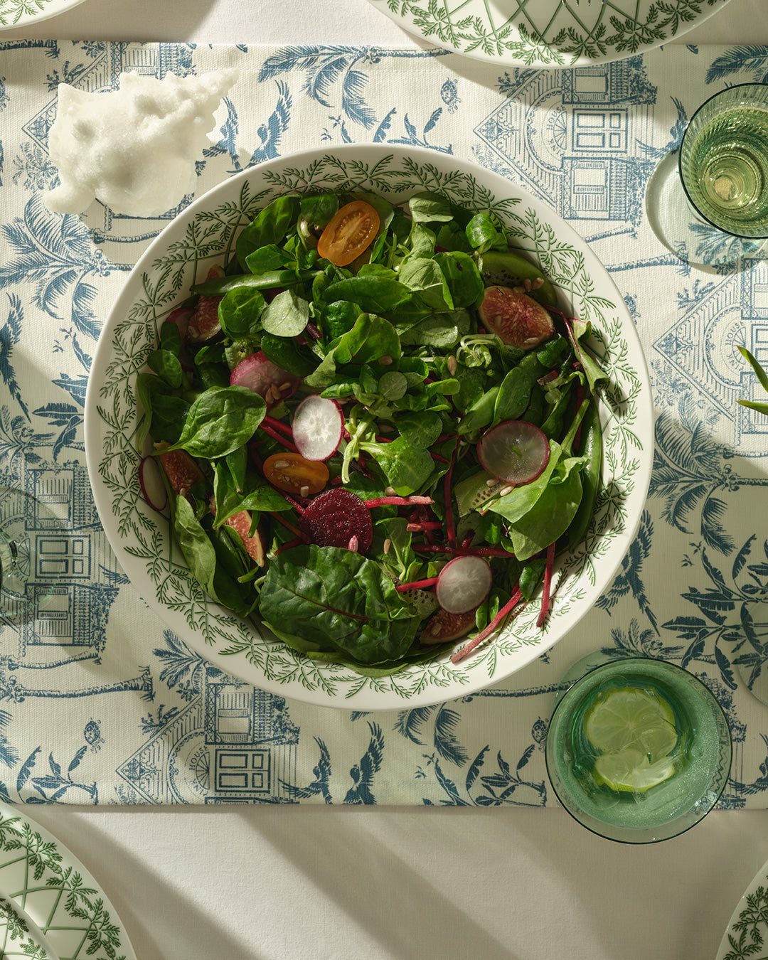Fine bone china salad bowl in Palms Sage Green design, elegant handmade tableware from Pink House Mustique.