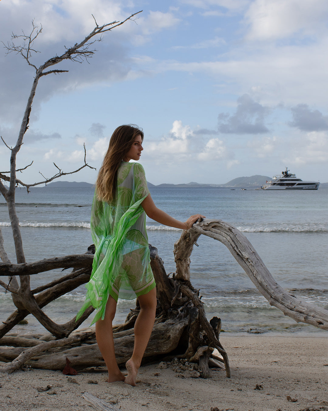 Sand Dollar green silk chiffon Cosima kaftan short beach cover up back view flowing lightweight resortwear
