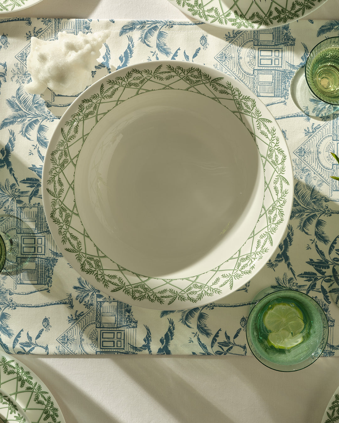 Luxury fine bone china serving bowl in Palms Sage Green, perfect for salads or sides, handmade for Pink House Mustique.