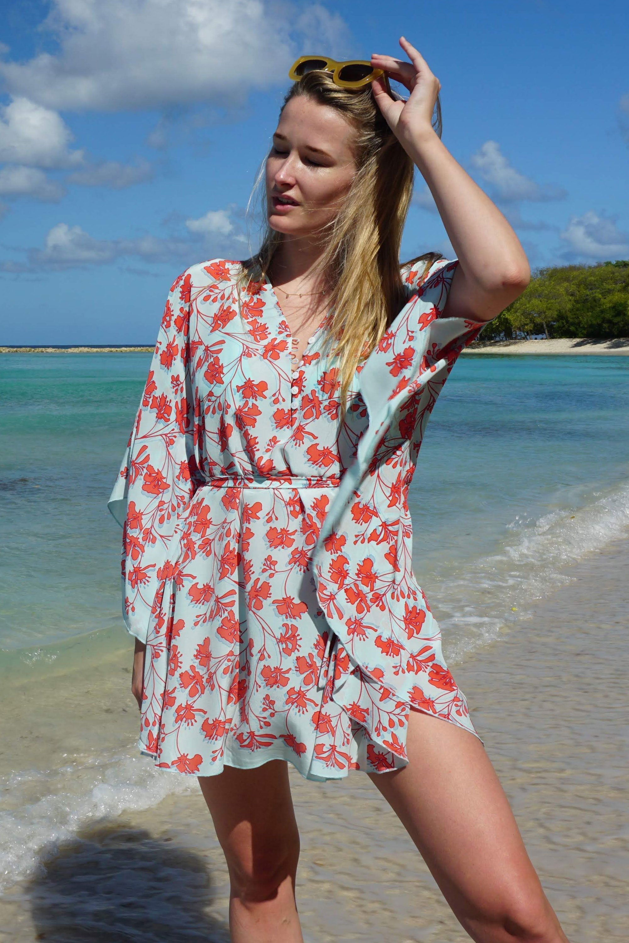 Silk Lotty Kaftan: FLAMBOYANT FLOWER - ORANGE short collared crepe de chine kaftan created by Lotty B Mustique