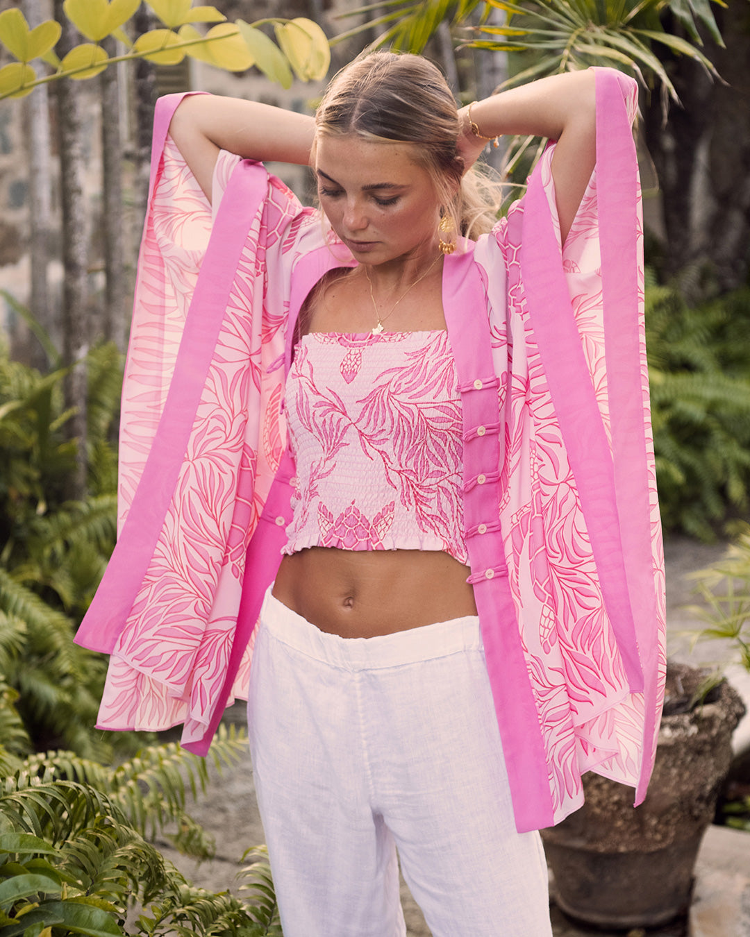 Shirred silk bandeau top in Turtle pink print matching Jade poncho outfit by designer Lotty B Mustique for Pink House