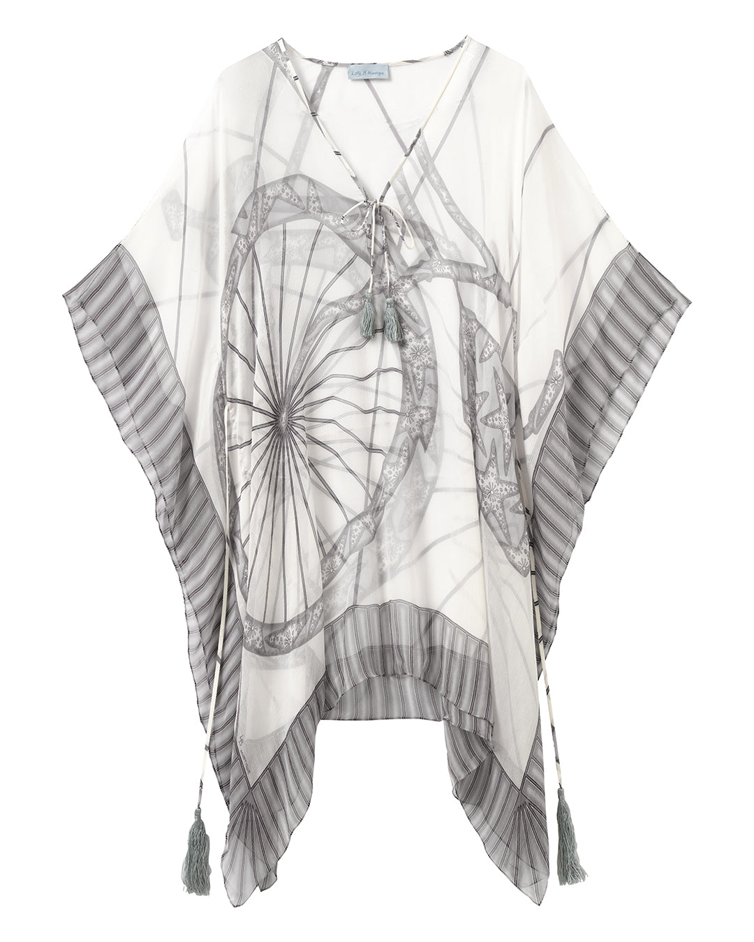 silk kaftan with black and white bicycle print