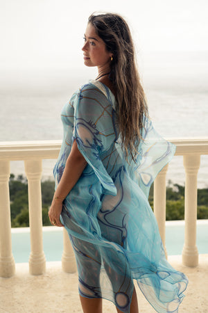 Luxury villa vacation fashion, chiffon silk Cosima Kaftan in blue Egret design, Lotty B Mustique
