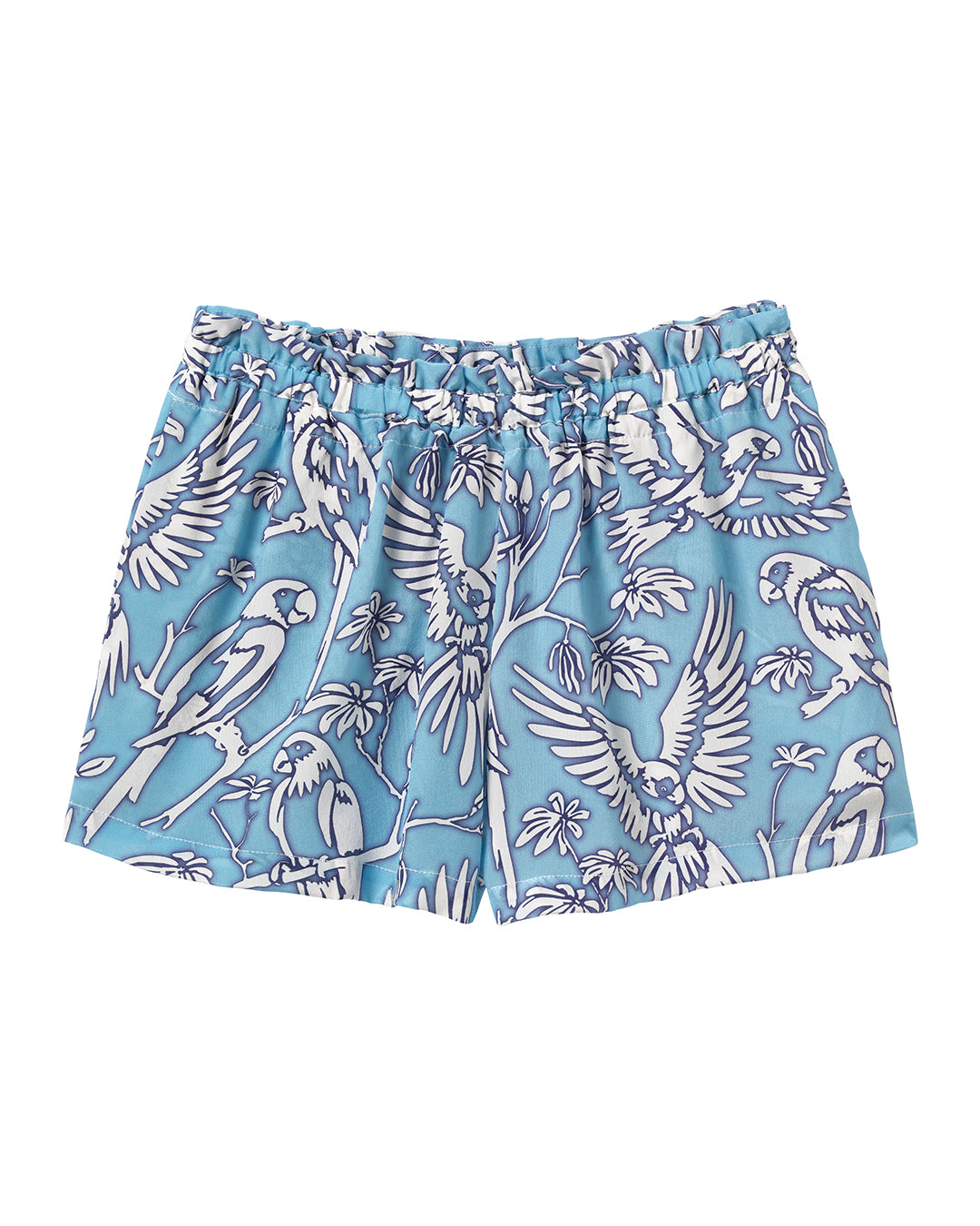 Blue shorts with white bird pattern on a white background