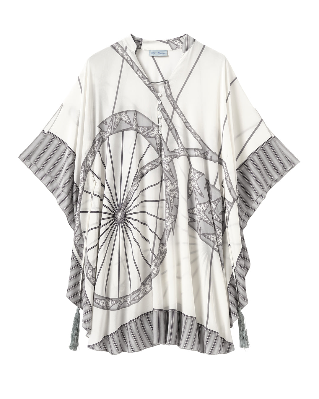 silk kaftan with black and white bicycle print