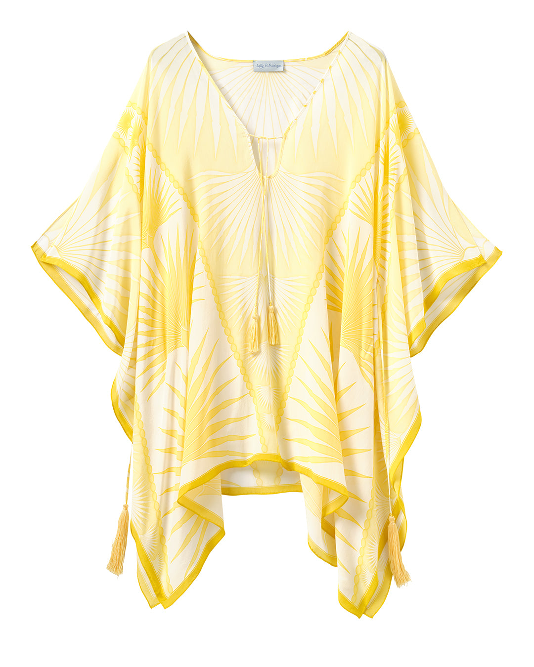 Yellow and white patterned kimono-style kaftan on a white background