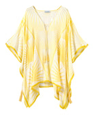 Yellow and white patterned kimono-style kaftan on a white background