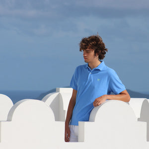Mens pure cotton blue polo shirt Mustique island life