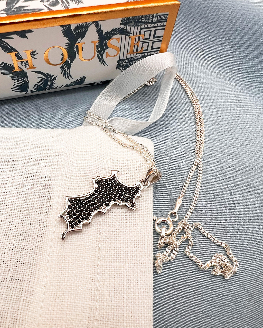 Hallmarked sterling silver Mustique island pendant with black zirconia crystals necklace Made in England