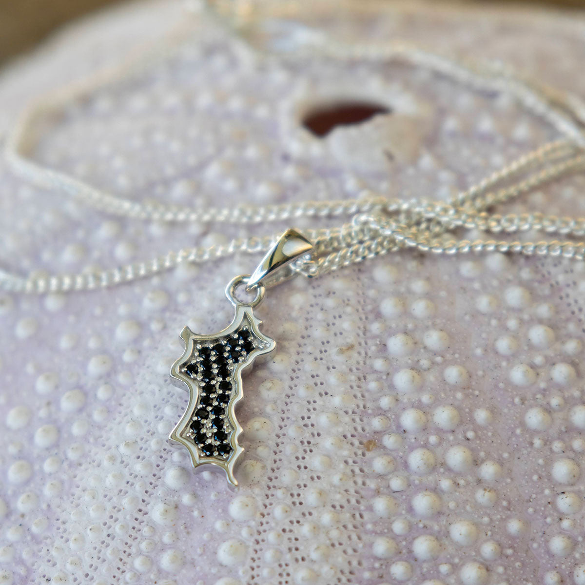 Silver Diamante MINI Mustique Island Pendant - black zirconium crystals, Mustique beach life sea urchin