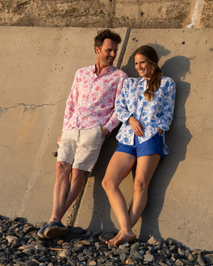 Beach style mens linen shirt in Pomegranate pink print by designer Lotty B