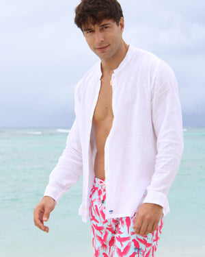 Mens Collarless Linen Shirt : CLASSIC WHITE Mustique family holiday style