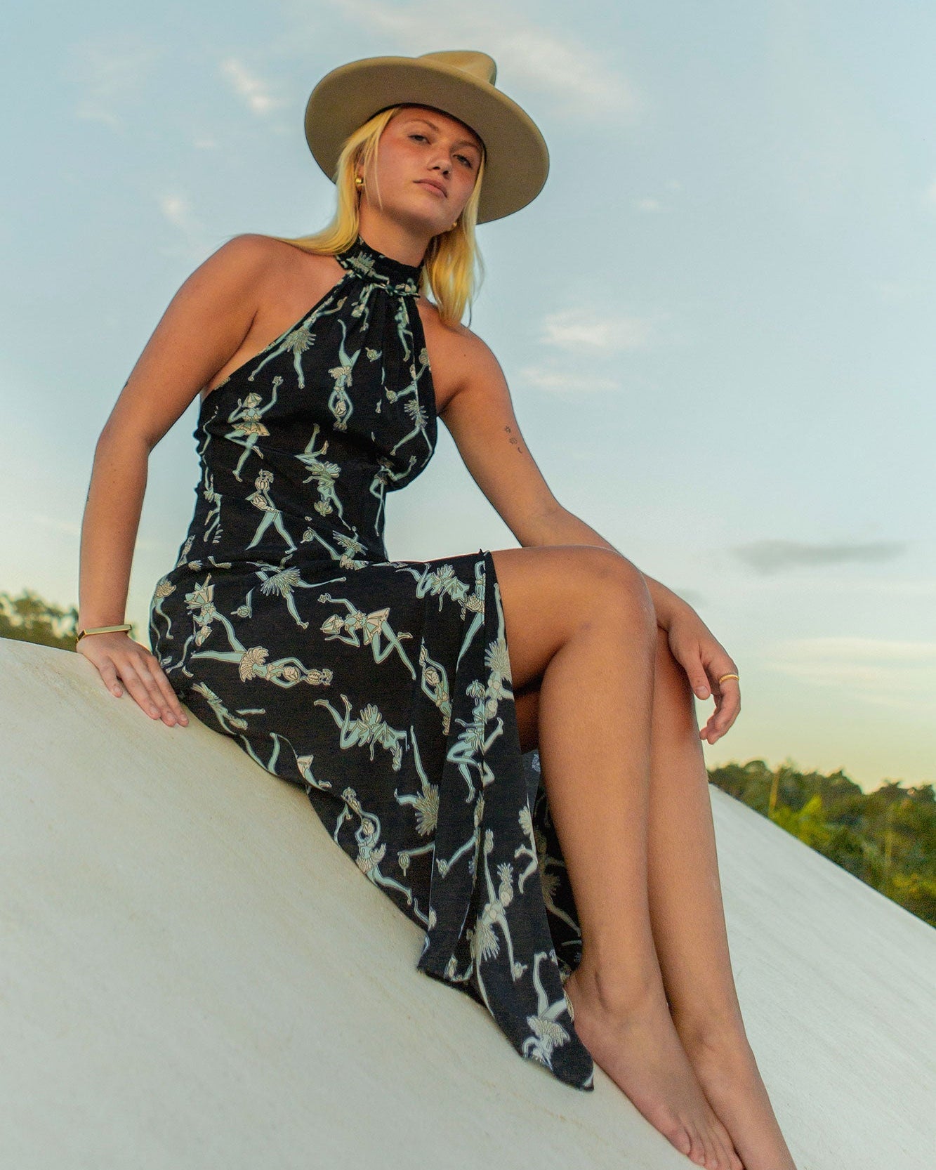Long pure silk vacation dress in Fruit Punch dusk print by resortwear designer Lotty B