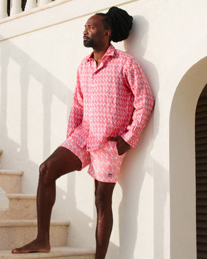 Men's linen holiday shirt in pink Striped Shell print designer Lotty B Mustique