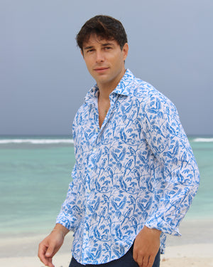 Tropical vacation men's linen shirt in blue Parrot print by designer Lotty B Mustique