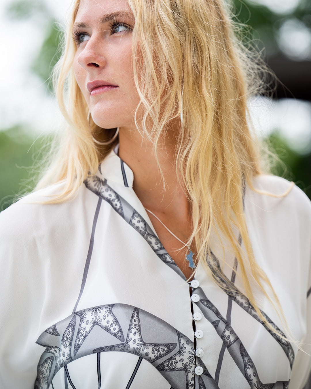 Travel in style with a silk kaftan in bicycle print by designer Lotty B Mustique