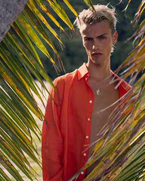 Luxury vacation fashion men's orange linen shirt