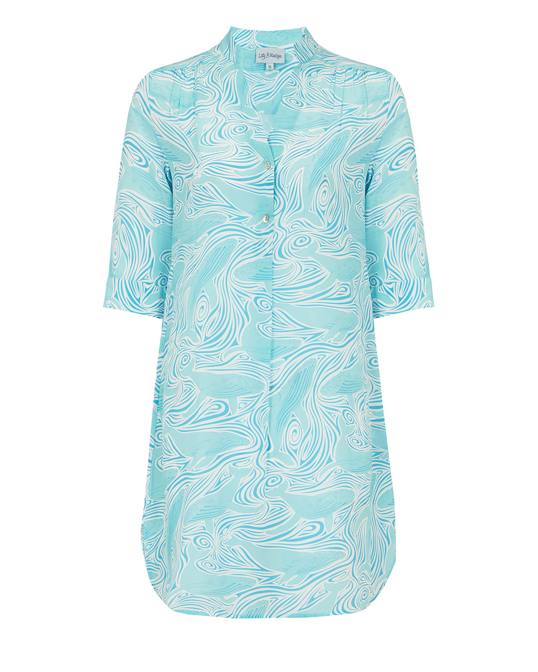 Turquoise Whale print silk Decima dress by Lotty B Pink House Mustique