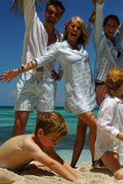 Womens flared Decima dress in pale blue Guava print, Caribbean style by Lotty B Mustique