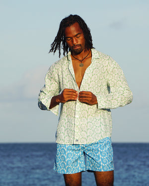 Mens Caribbean vacation linen shirt in Fern green print by designer Lotty B