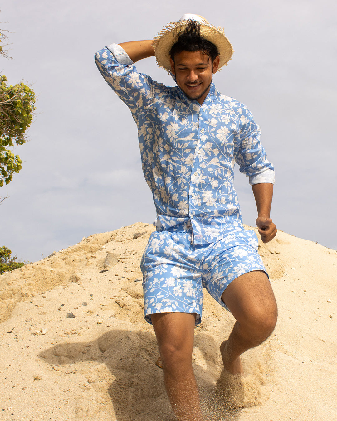 Vacation-ready Iguana Blue linen shirt and swim shorts set — breathable, fast-drying and perfect for island life.