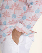 Mens quality pure linen shirt in coral and turquoise blue Potted Palm print by Pink House