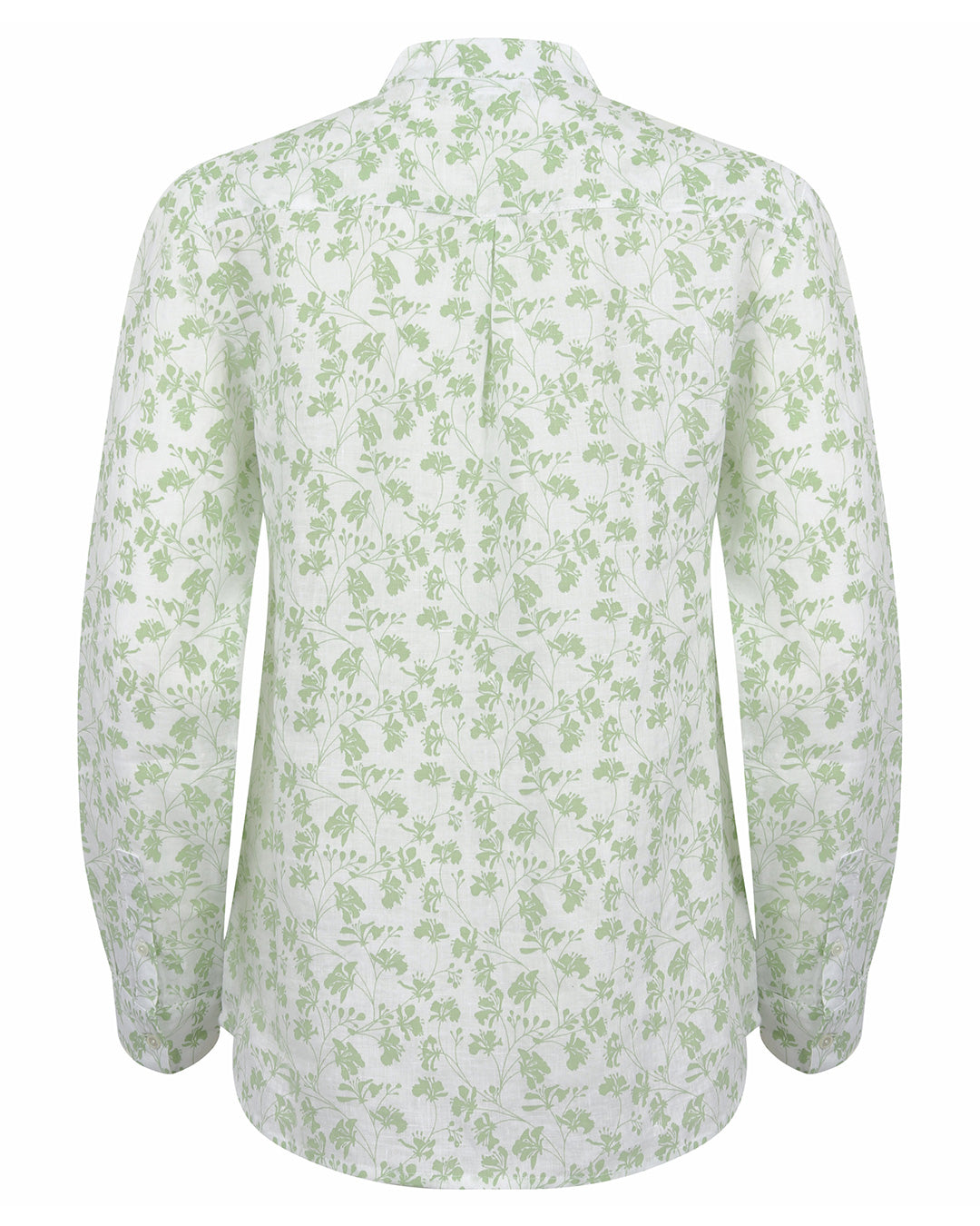 Womens Linen Blouse: FLAMBOYANT - GREEN back detail, designer Lotty B Mustique