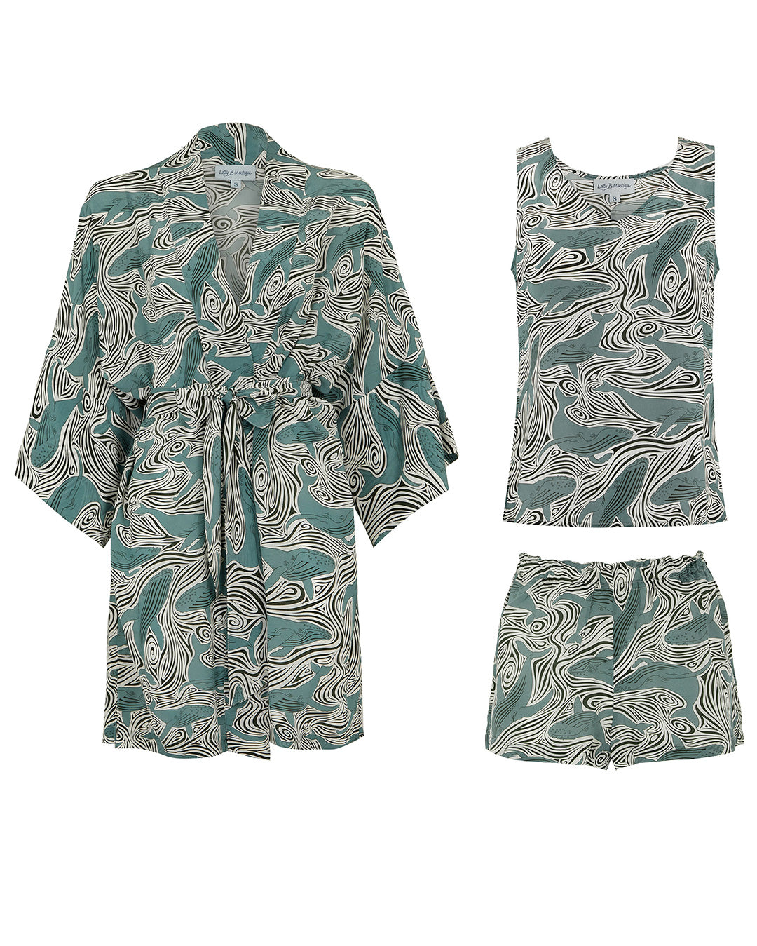 Womens silk bed to beach set whale print green robe top shorts luxury resortwear loungewear set