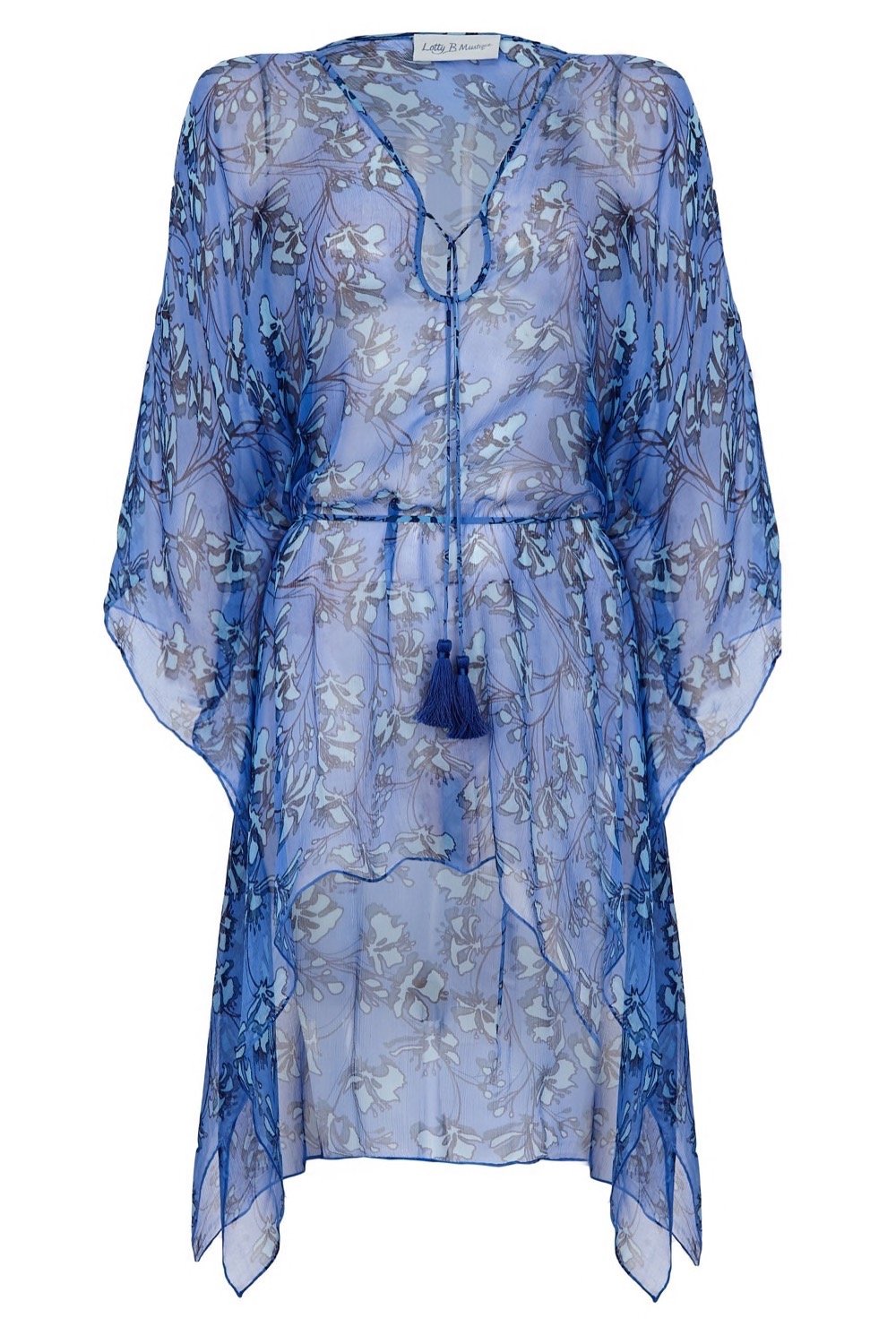 Silk Cosima Kaftan: FLAMBOYANT FLOWER - BLUE, short kaftan dress in chiffon silk, designer Lotty B Mustique