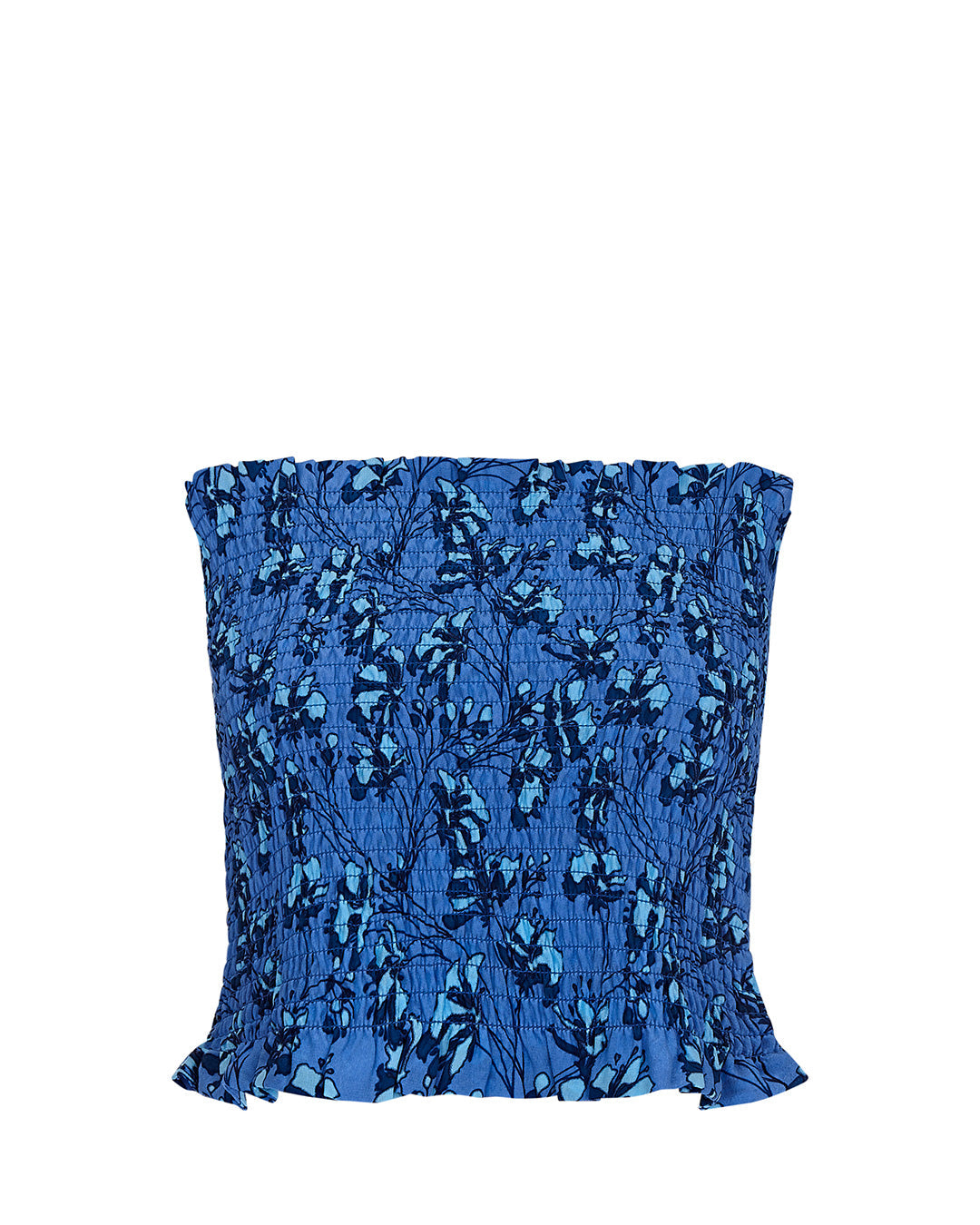 Silk shirred bandeau top in blue floral Flamboyant Flower print  by designer Lotty B Mustique