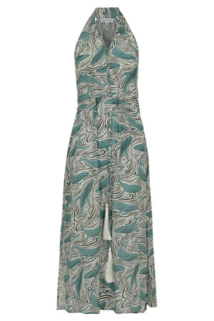 Jemima silk maxi halter neck dress in monochrome whale print by Lotty B Mustique