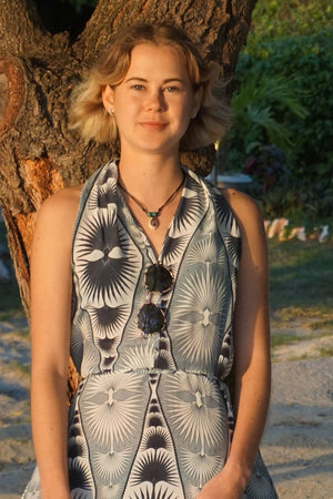 Silk Halter Neck Dress: FAN PALM REPEAT - BLACK / WHITE Exclusive Vacationwear designed by Lotty B, Mustique