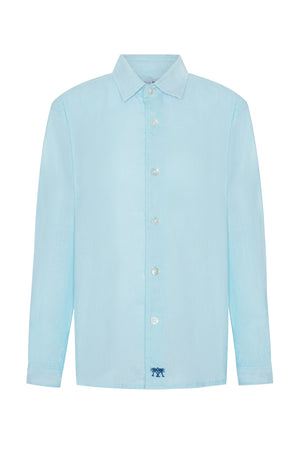 Long Sleeved Childrens Linen Shirt: PALE BLUE designer Lotty B Mustique kids beach wear
